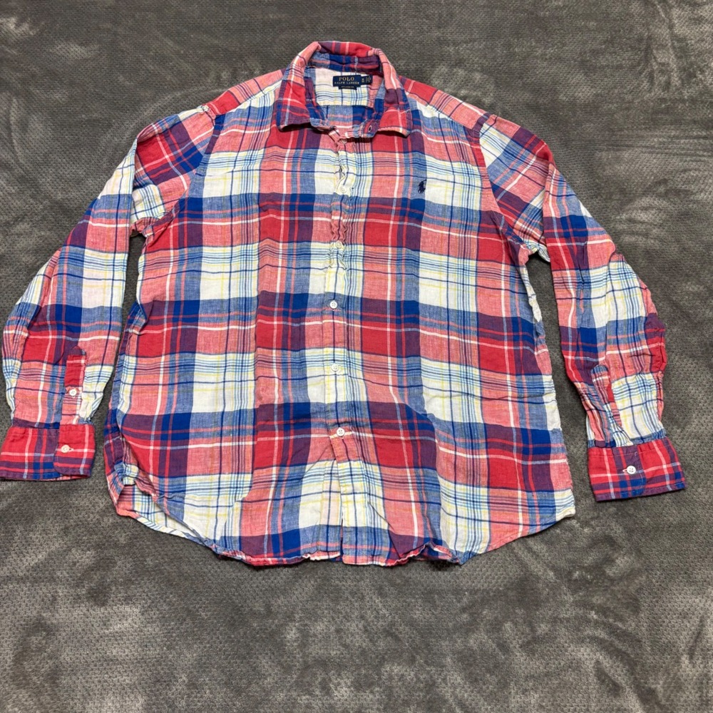 Polo Ralph Lauren Mens XL Relaxed Fit 100% Linen Plaid Button‎ Down Shirt